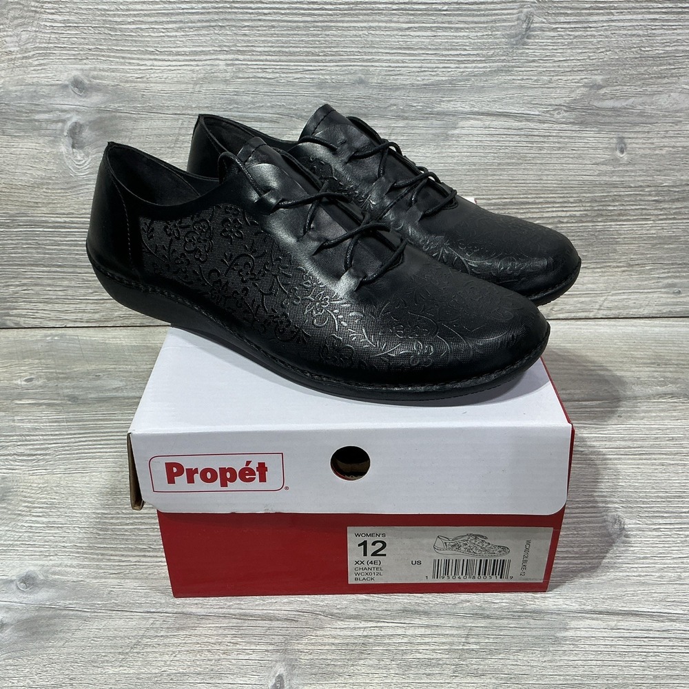Propet Chantel Women's Shoes Size 12 4E X Wide Black Oxford Leather Lace Up Flat